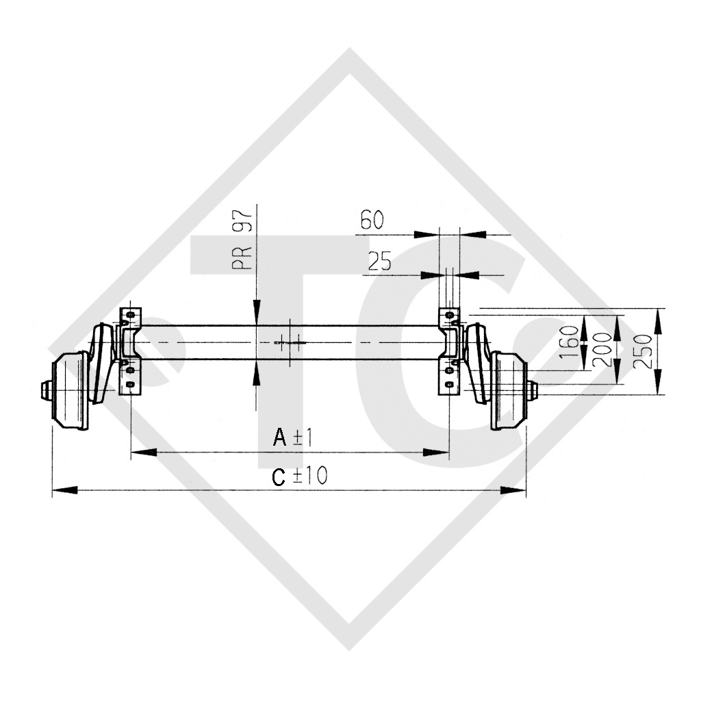 Braked axle 1500kg BASIC axle type B 1600-3 with AAA (automatic adjustment of the brake pads)