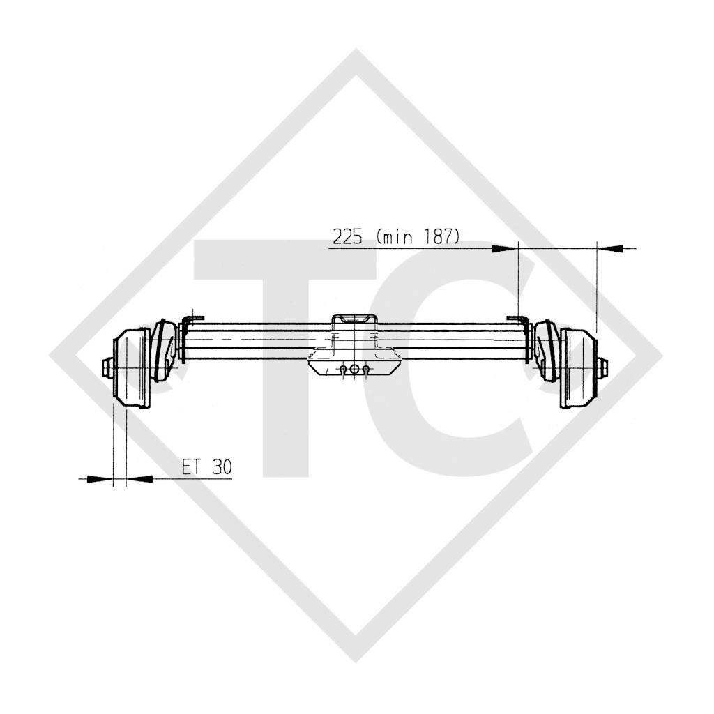 Eje delantero tándem con freno 1500kg BASIC tipo de eje B 1600-3 con perfil en U 130mm y AAA (Reajuste automático de las zapatas de freno)