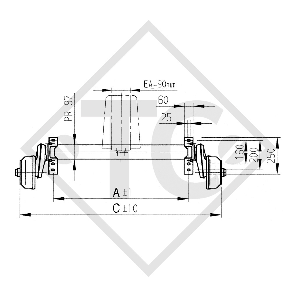 Braked tandem front axle 1500kg BASIC axle type B 1600-3 with top hat profile 90mm and AAA (automatic adjustment of the brake pads)