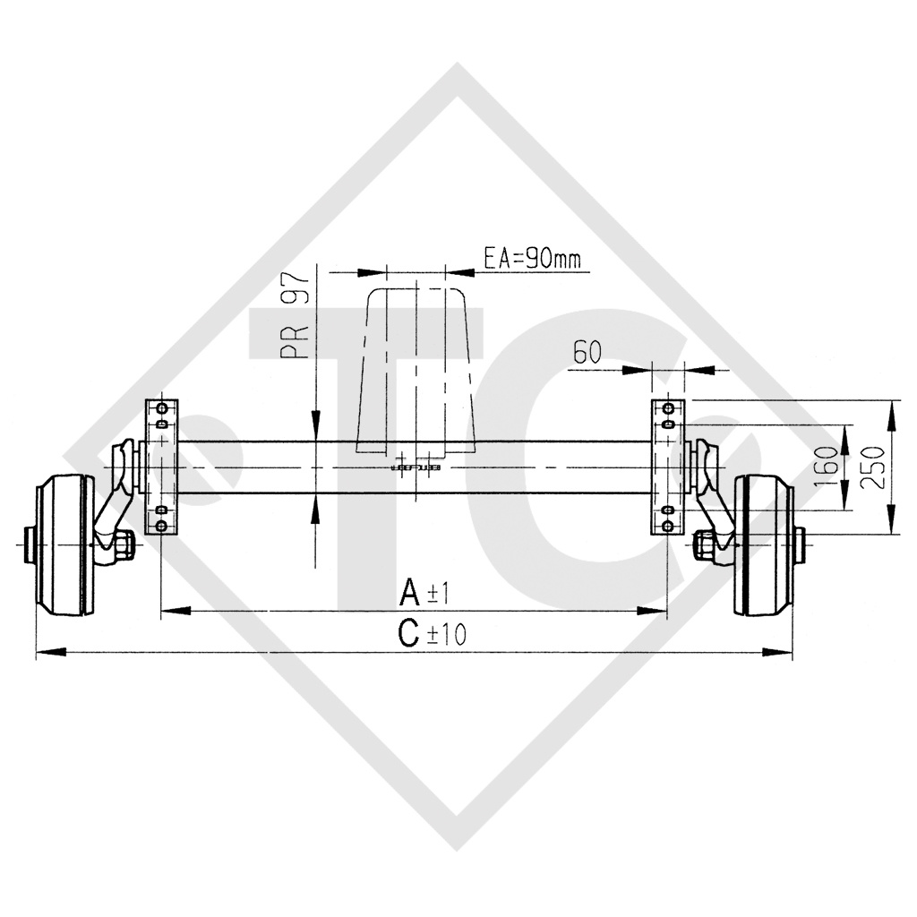 Eje delantero tándem con freno 1600kg BASIC tipo de eje B 1600-1 con perfil en U 90mm