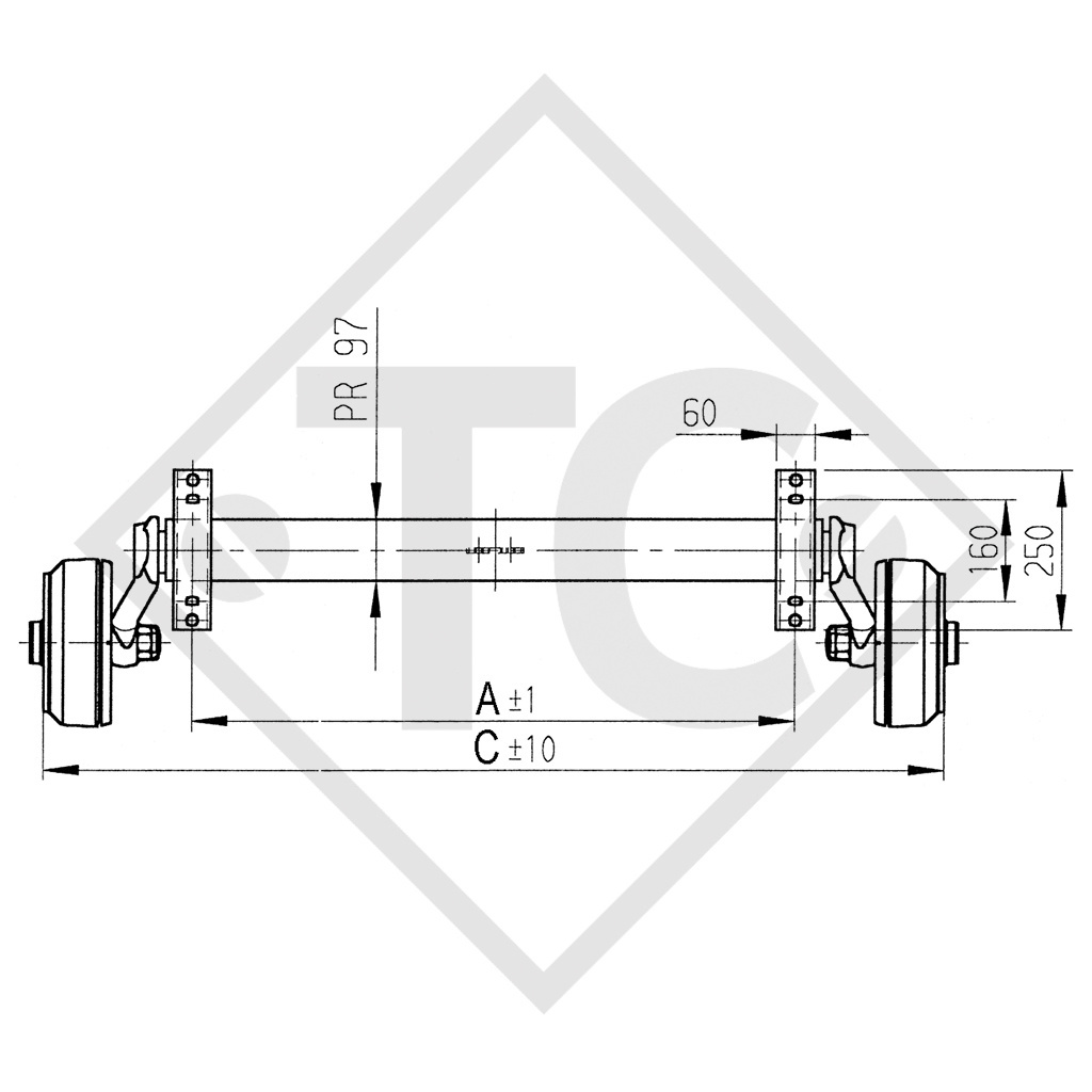 Braked tandem rear axle 1600kg BASIC axle type B 1600-1 with AAA (automatic adjustment of the brake pads)