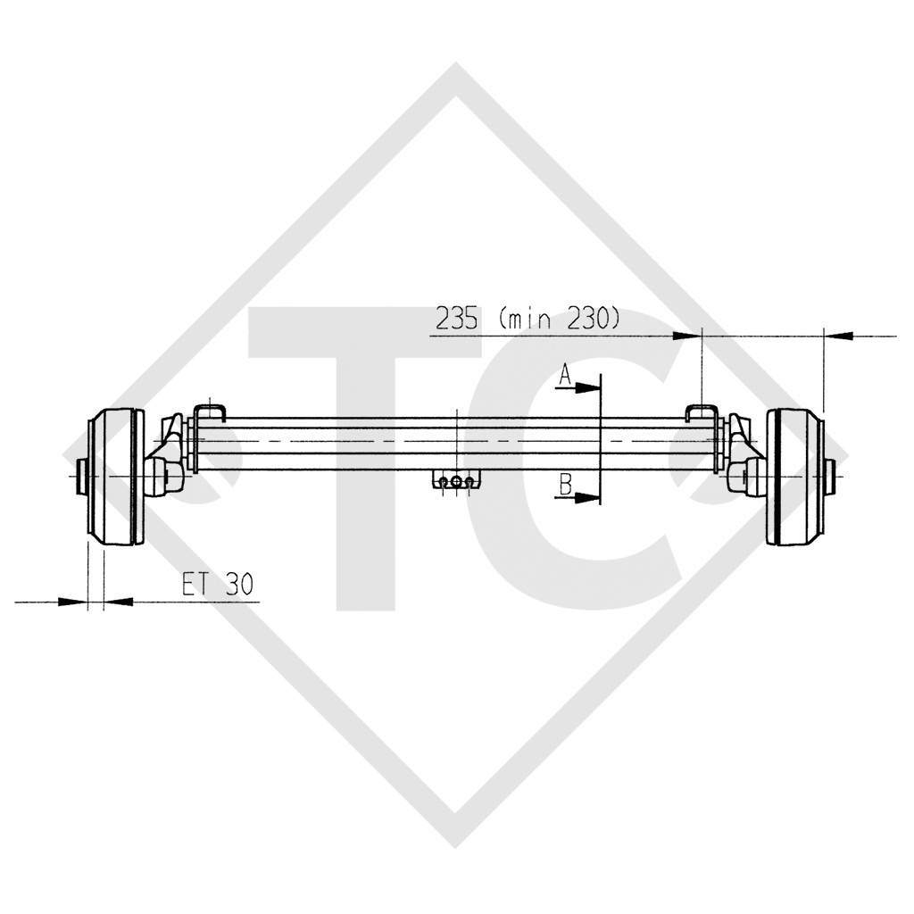 Braked tandem rear axle 1600kg BASIC axle type B 1600-1 with AAA (automatic adjustment of the brake pads)
