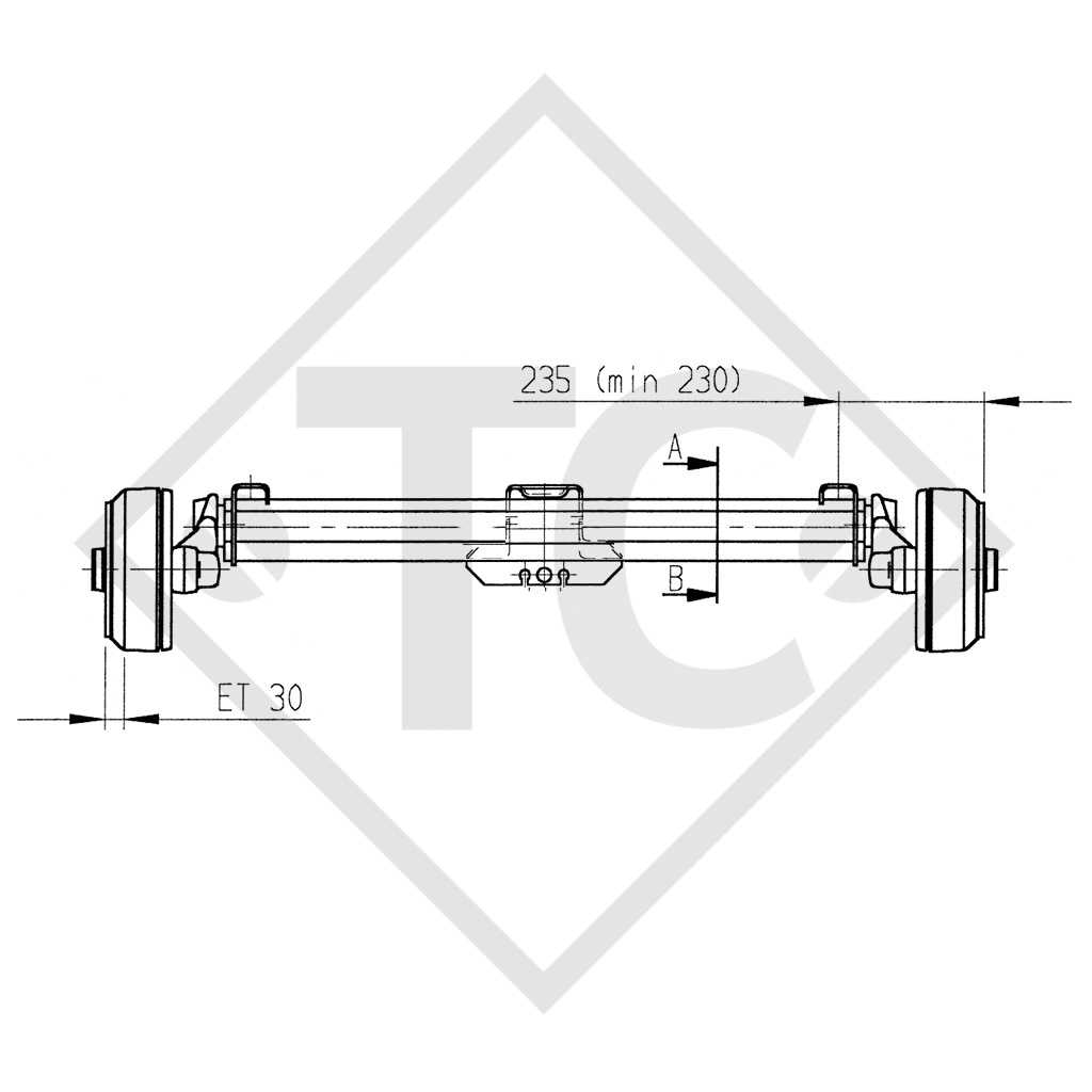 Tandem Vorderachse gebremst 1600kg BASIC Achstyp B 1600-1 mit Hutprofil 90mm und Stoßdämpferhalter