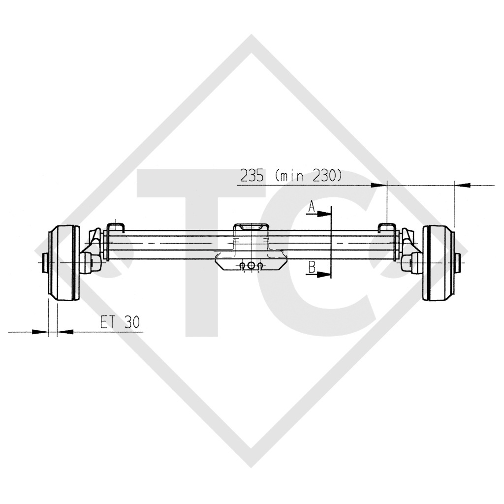 Braked tandem front axle 1600kg BASIC axle type B 1600-1 with top hat profile 90mm and AAA (automatic adjustment of the brake pads)
