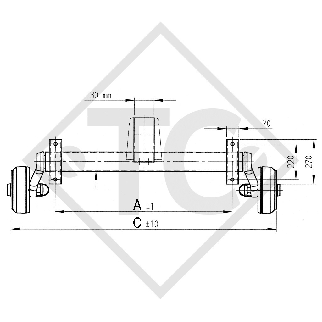 Essieu BASIC 1800kg freiné type d'essieu B 1800-9 avec liaison 130mm et AAA (réglage automatique des garnitures de frein)