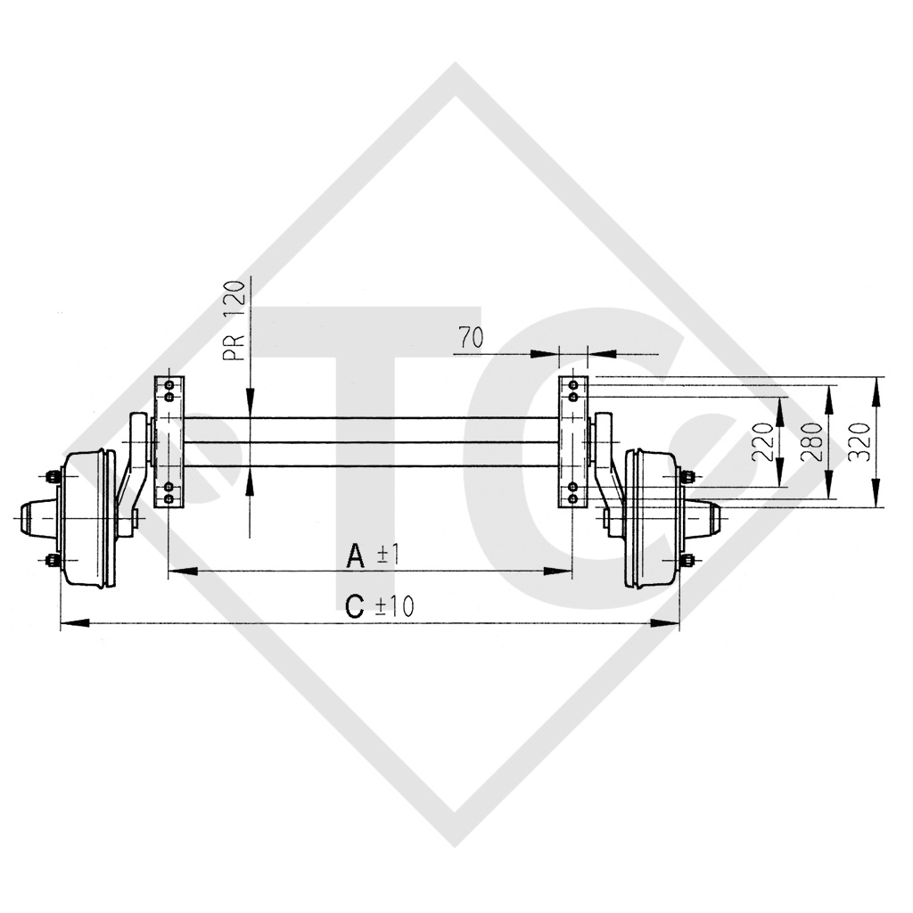 Braked axle 2500kg PLUS axle type B 2500-8