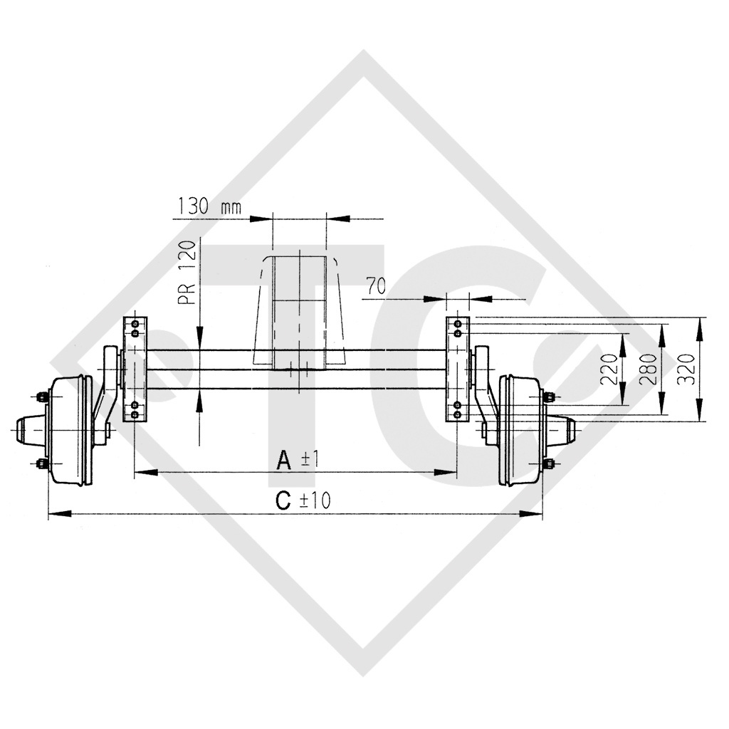 Essieu PLUS 2500kg freiné type d'essieu B 2500-8 avec liaison 130mm