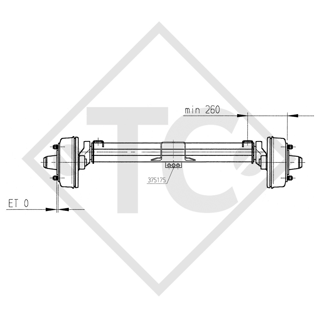 Braked axle 2500kg PLUS axle type B 2500-8 with top hat profile 130mm