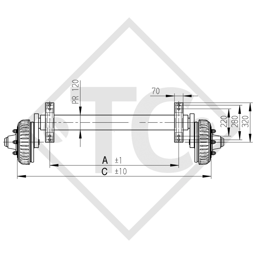 Braked axle 3000kg PLUS Achstyp B 3000-2 with top hat profile 130mm