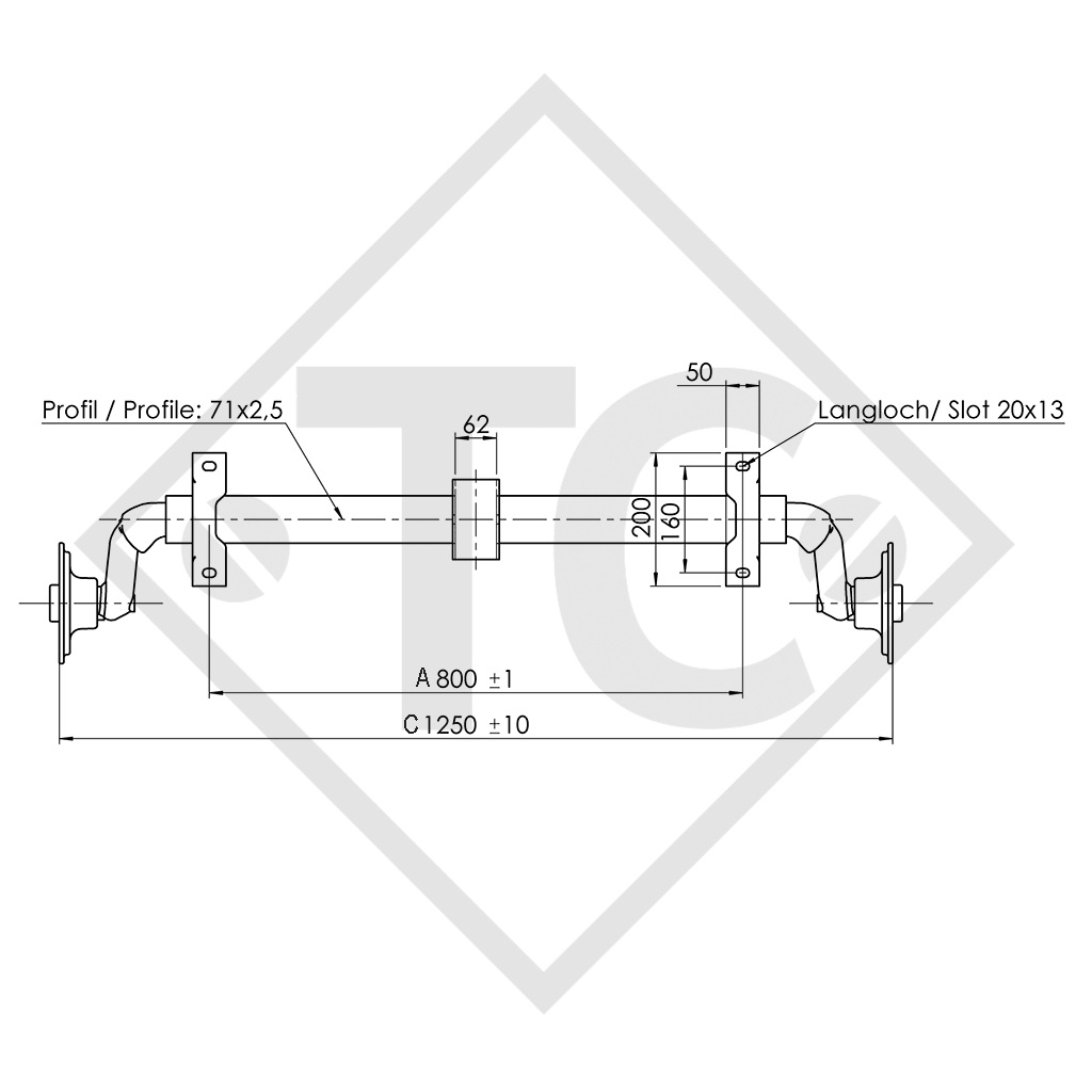 Achse ungebremst 750kg BASIC Achstyp 700-5 mit Bügel und hohem Achsbock