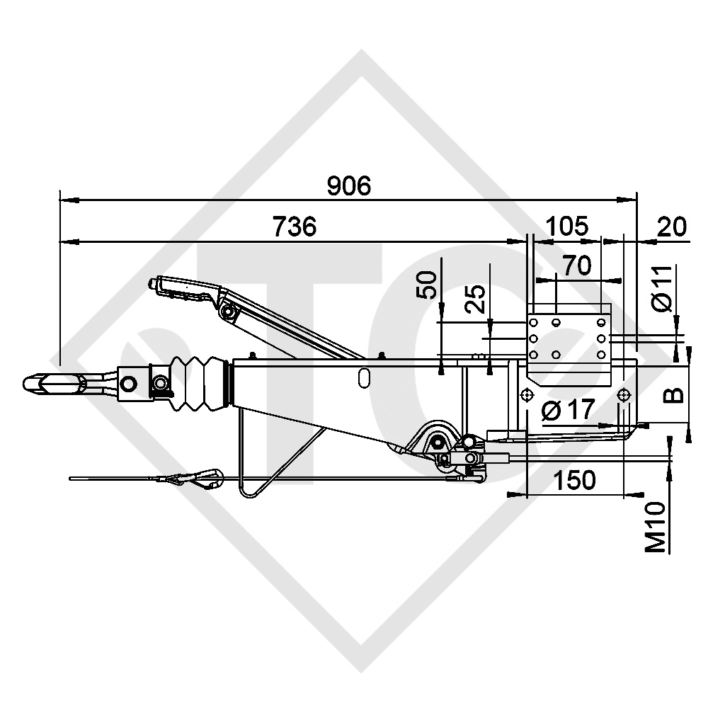 Overrun device square type 161S, 950 to 1600kg