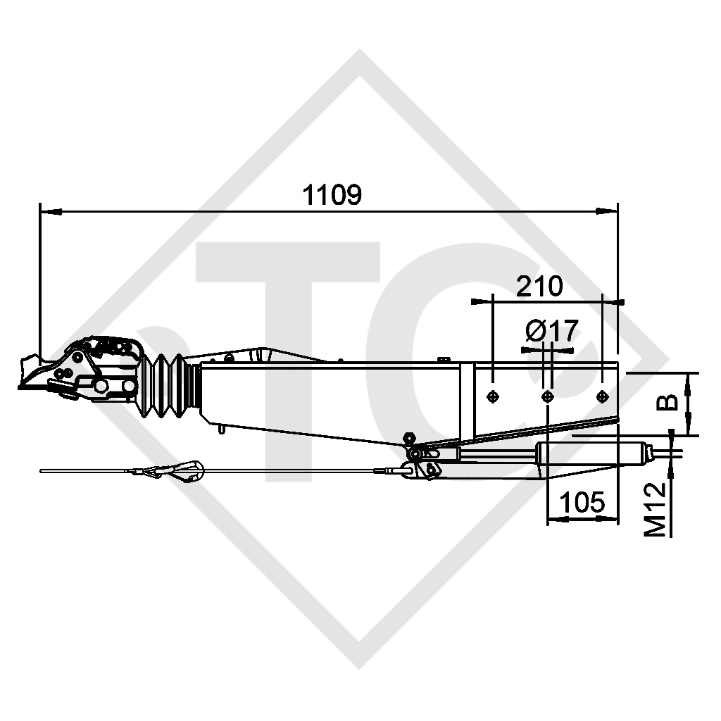 Commande de freinage pour timon carré type 2.8VB/1, 2500 à 3500kg, sans support de roue jockey