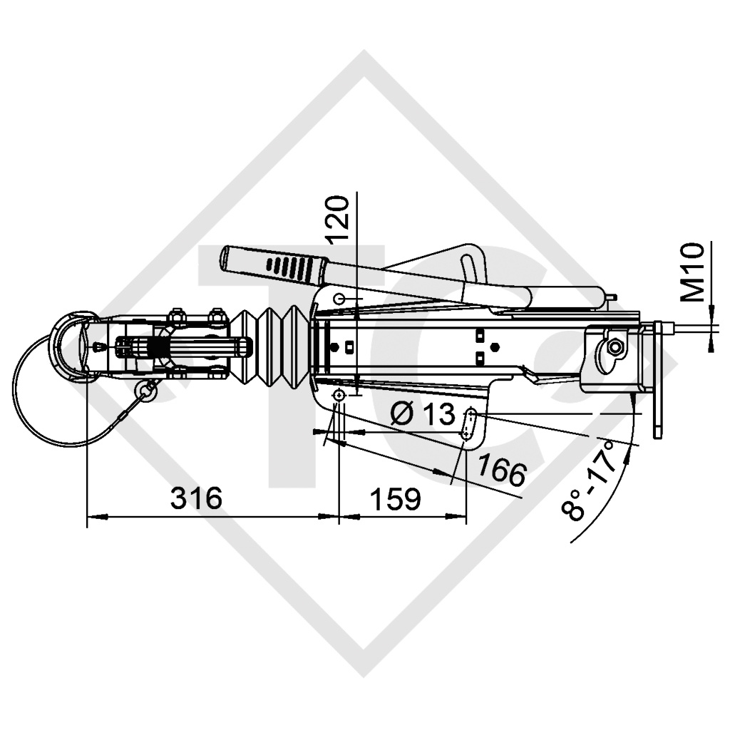 Overrun device V type 251S, 1500 to 2700kg, with jockey wheel carrier, slack point handbrake lever