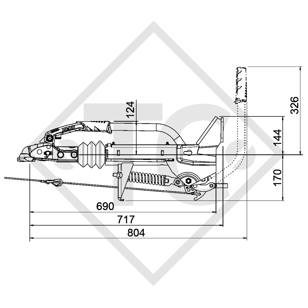 Overrun device V type 251S, 1500 to 2700kg, with jockey wheel carrier, slack point handbrake lever