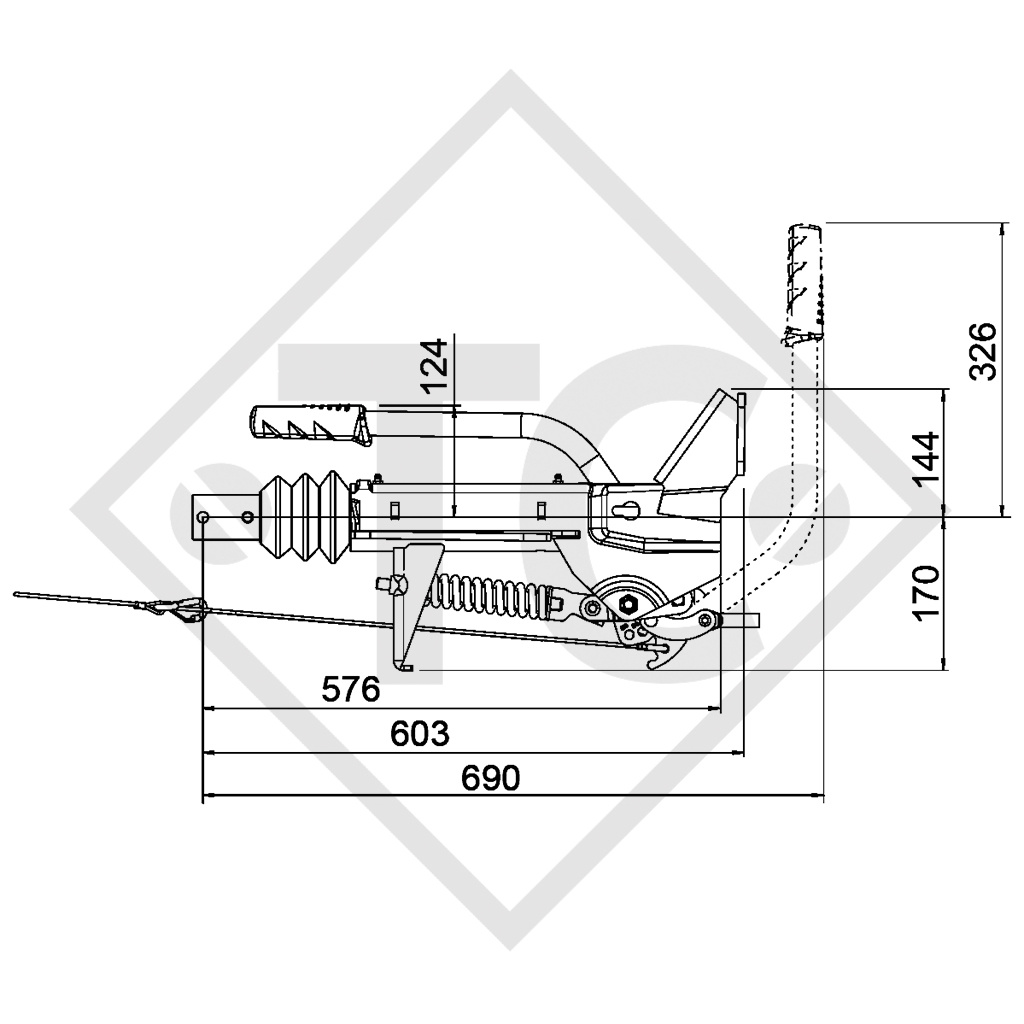 Overrun device V type 251S, 1500 to 2700kg, with jockey wheel carrier, slack point handbrake lever