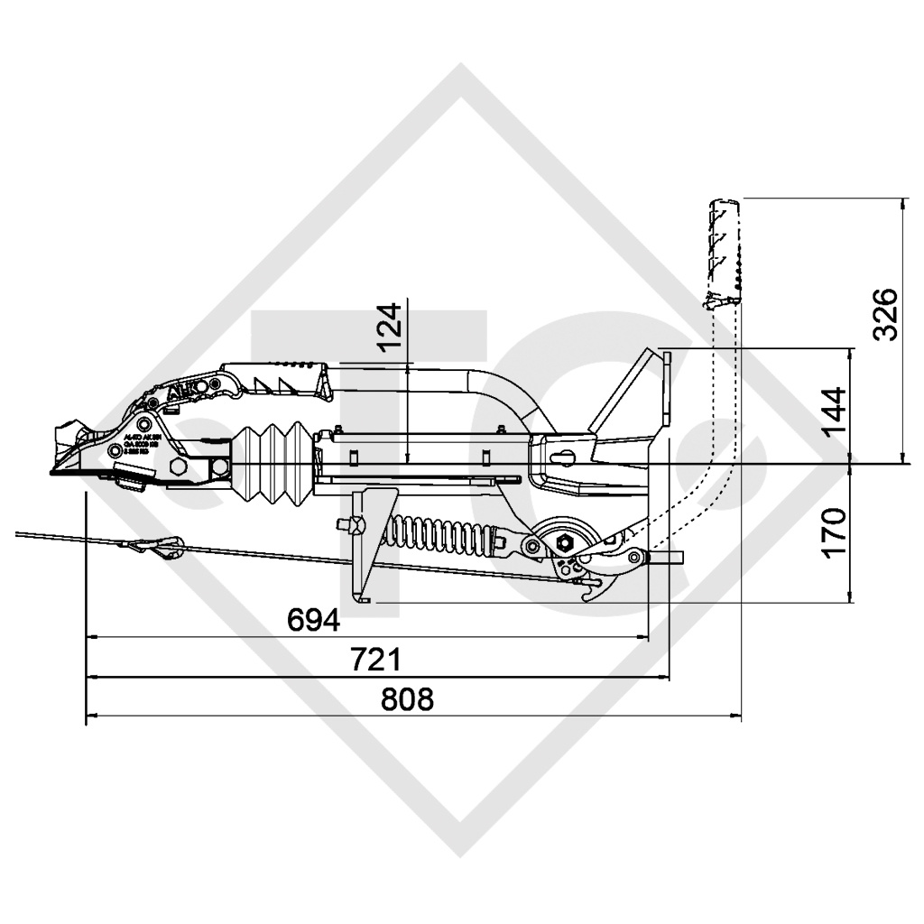 Enganche de inercia en V tipo 251G, 1550 a 3000kg, con soporte rueda jockey, palanca de freno de mano de punto muerto