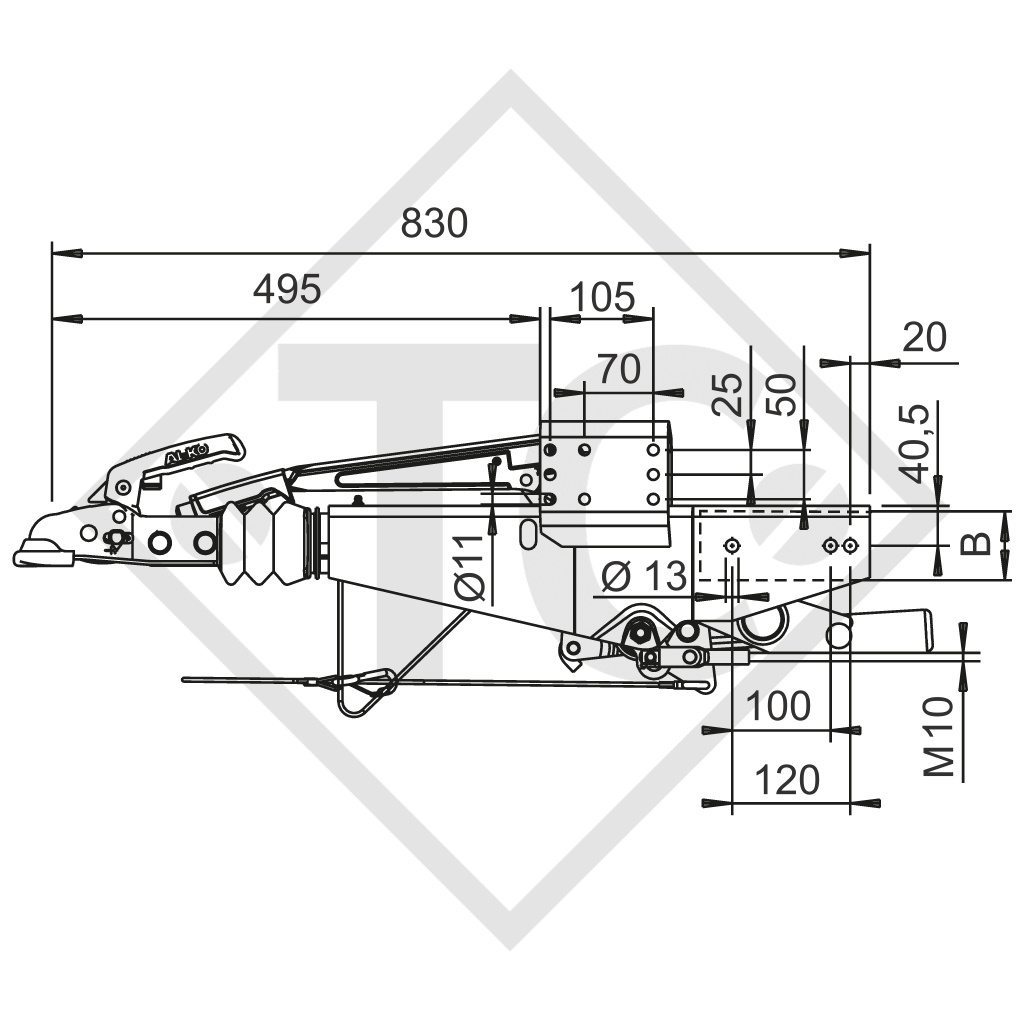 Commande de freinage pour timon carré type 161S, 950 à 1600kg, avec levier de frein abaissable