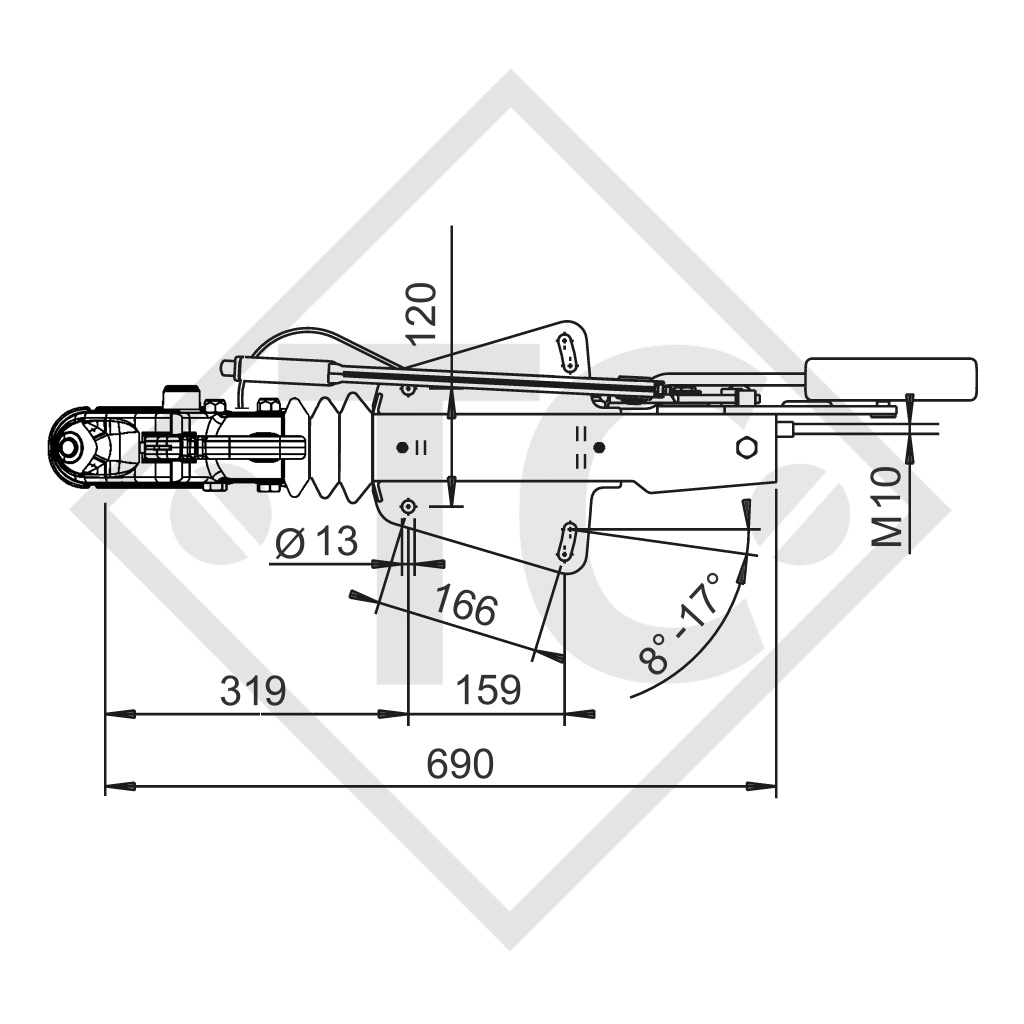 Commande de freinage avec semelle en V type 251G, 1550 à 3000kg, avec levier de frein abaissable