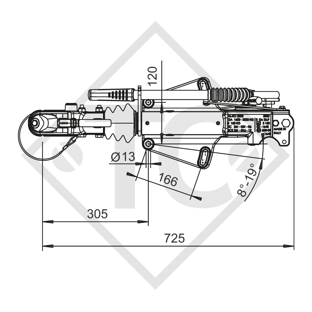 Enganche de inercia en V tipo AE3000, 1600 a 3000kg, con palanca de freno de mano abatible