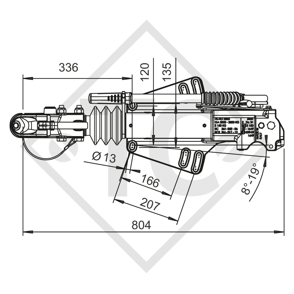 Enganche de inercia en V tipo AE3500, 2000 a 3500kg, con palanca de freno de mano abatible