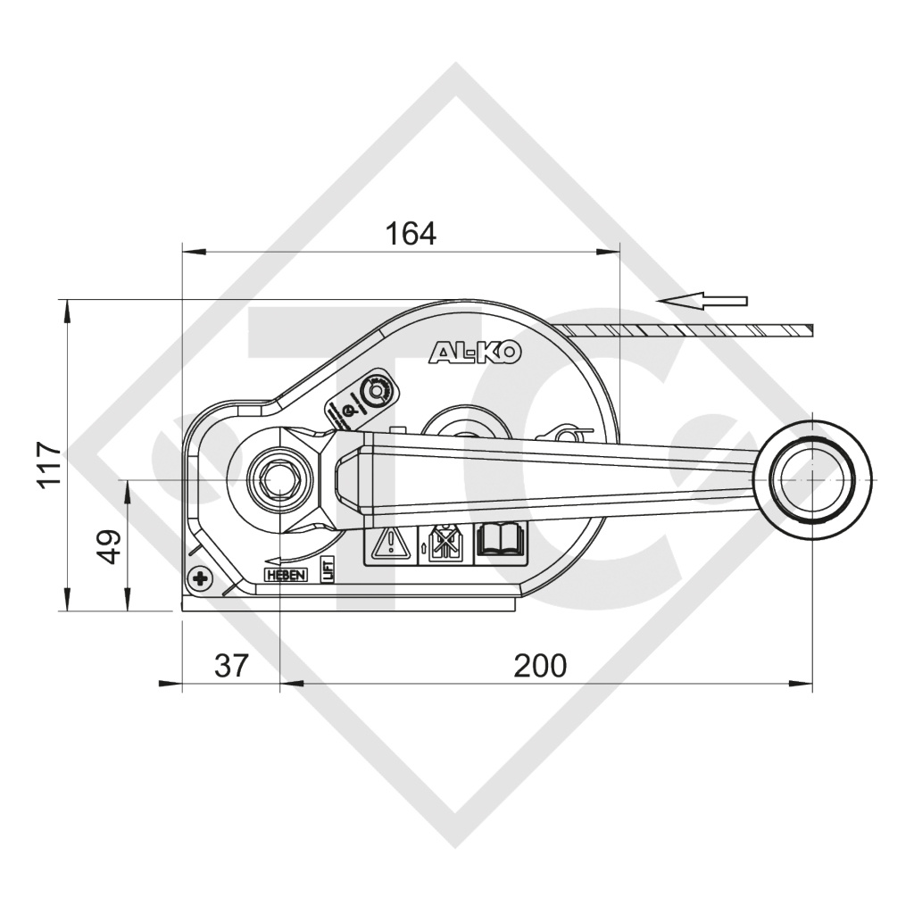 Cable winch PLUS 350kg, type 351 with automatic weight brake, without automatic unwinder, fitted with 15 meter cable for lifting