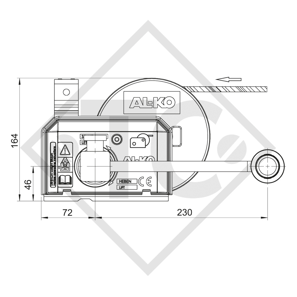 Cable winch PLUS 500kg, type 501 with automatic weight brake, with automatic unwinder, fitted with 10 meter cable for lifting