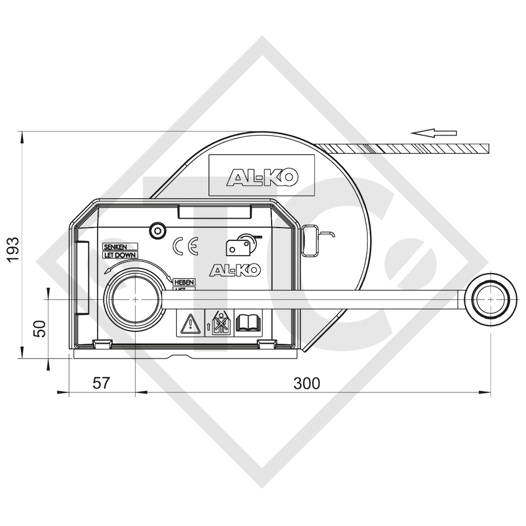 Cable winch PLUS 900kg, type 901 with automatic weight brake, without automatic unwinder, fitted with 10 meter strap for towing