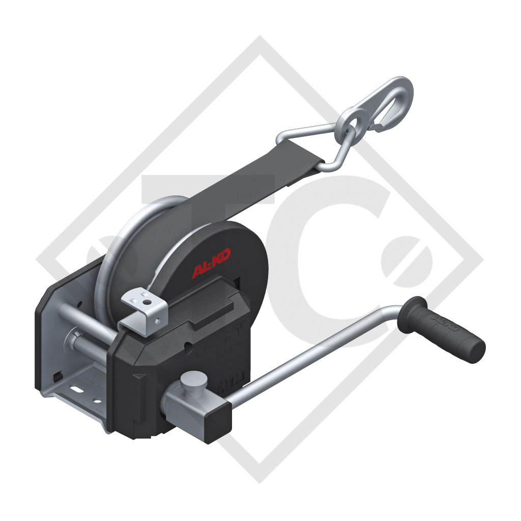 Cable winch PLUS 900kg, type 901 with automatic weight brake, with automatic unwinder, fitted with 10 meter strap for towing