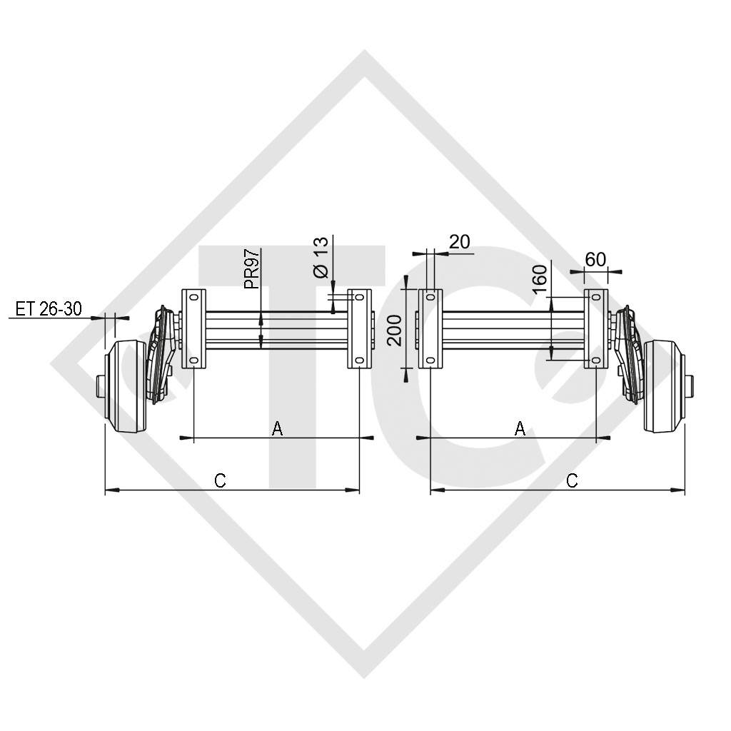 Demi-essieux freinés 1300kg type d'essieu B 1200-5 (paire)