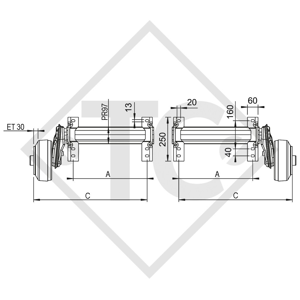 Braked half axles 1500kg axle type B 1200-5 (pair)