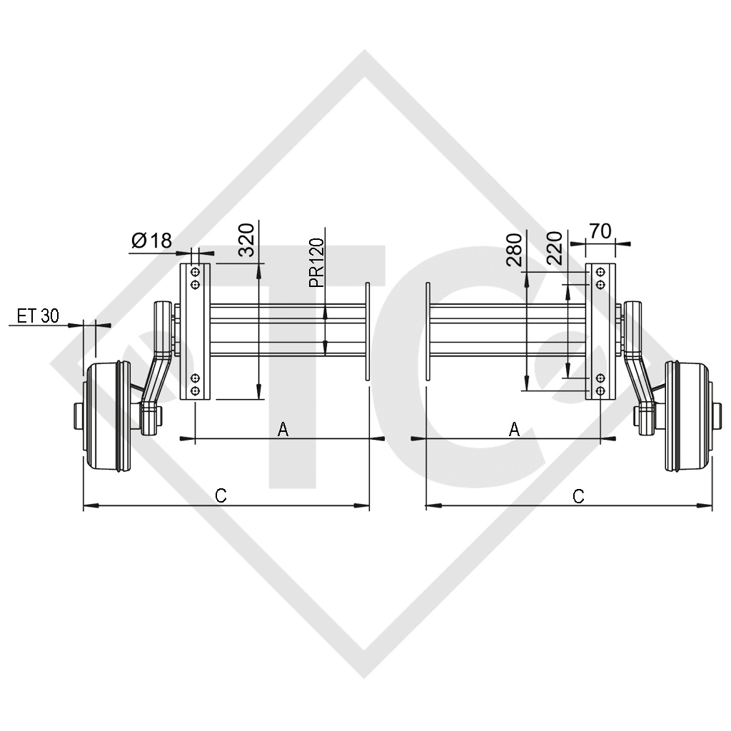 Semi assale frenato 1800kg tipo di assale B 2000-0 (coppia)