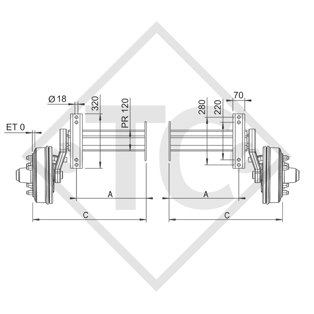 Braked half axles 2500kg axle type B 2500-8 (pair)