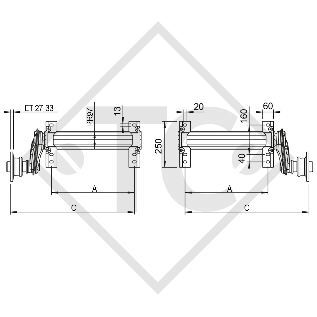 Semi ejes sin freno 1000kg tipo de eje 1000-3 (par)