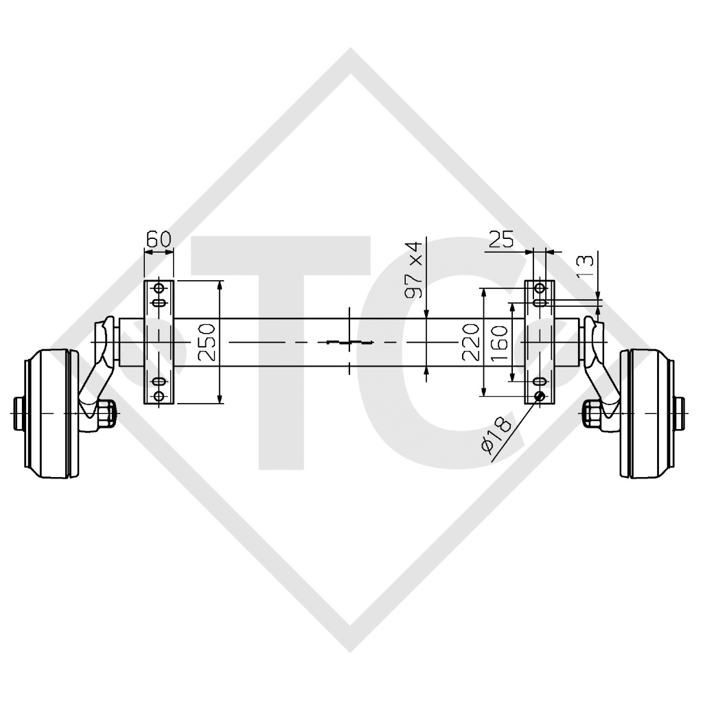 Eje con freno 1600kg EURO PLUS tipo de eje B 1600-1