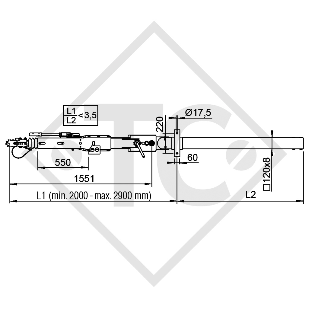 Auflaufeinrichtung vierkant Typ 2,8 VB/1-C - K35-S mit Deichselprofil seitlich schwenkbar 2500 bis 3500kg