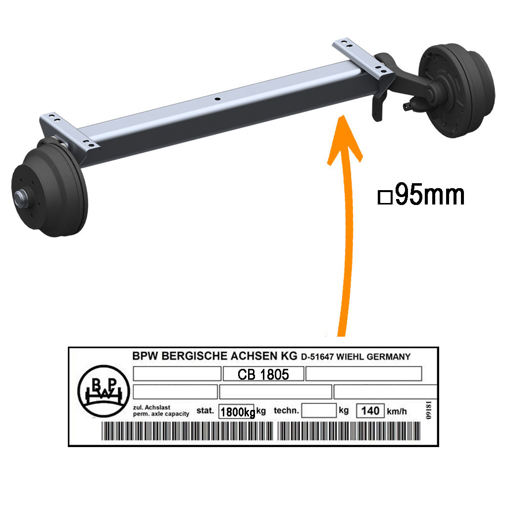 BRAKED AXLE 1800KG SWING, AXLE TYPE CB 1805, AXLE TUBE SQUARE 95MM