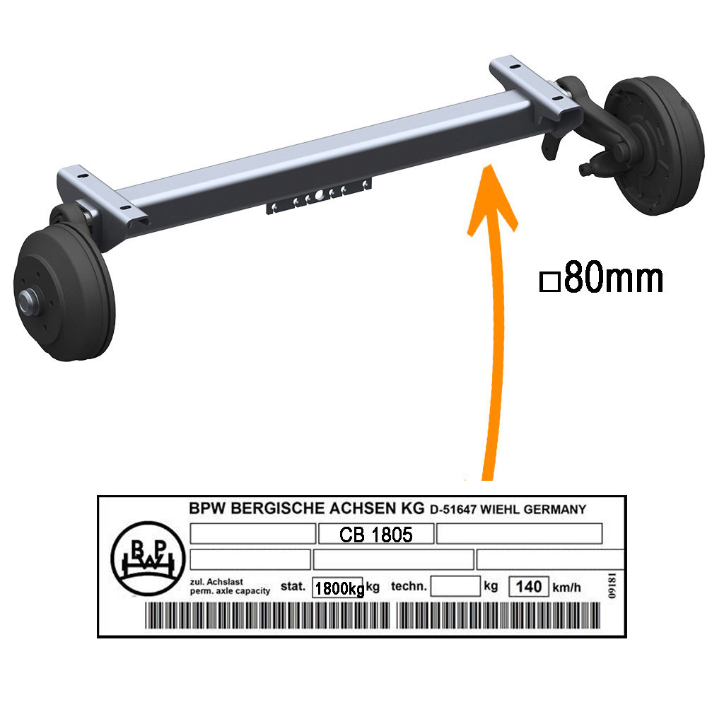 EJE CON FRENO 1800KG SWING, TIPO DE EJE CB 1805, TUBO DE EJE CUADRADO 80/82MM