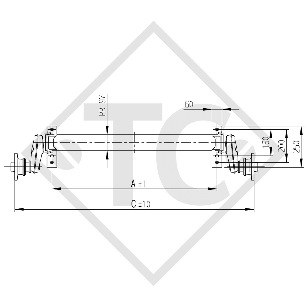 Unbreaked axle 1300kg BASIC axle type UBR 1200-5, watertight