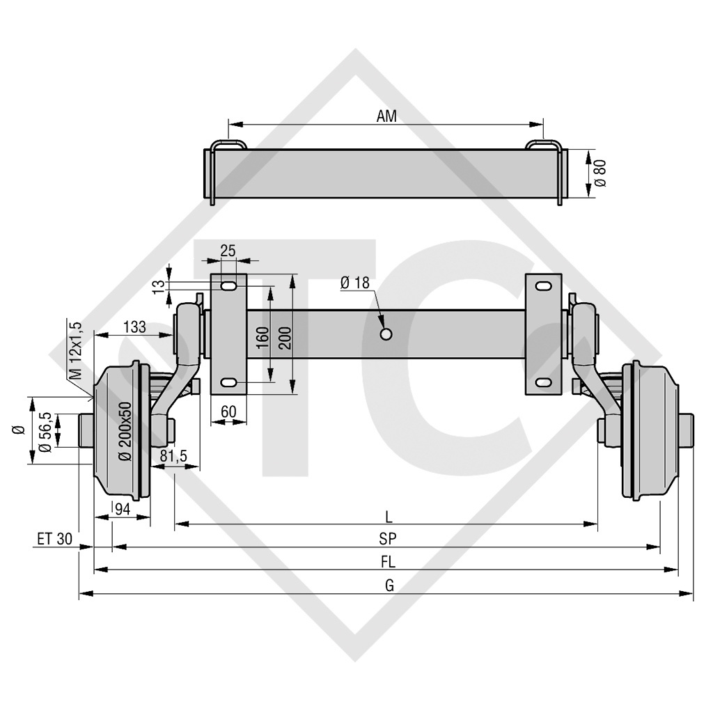 Essieu SWING 1350kg freiné type d'essieu CB 1354, 46.25.379.720