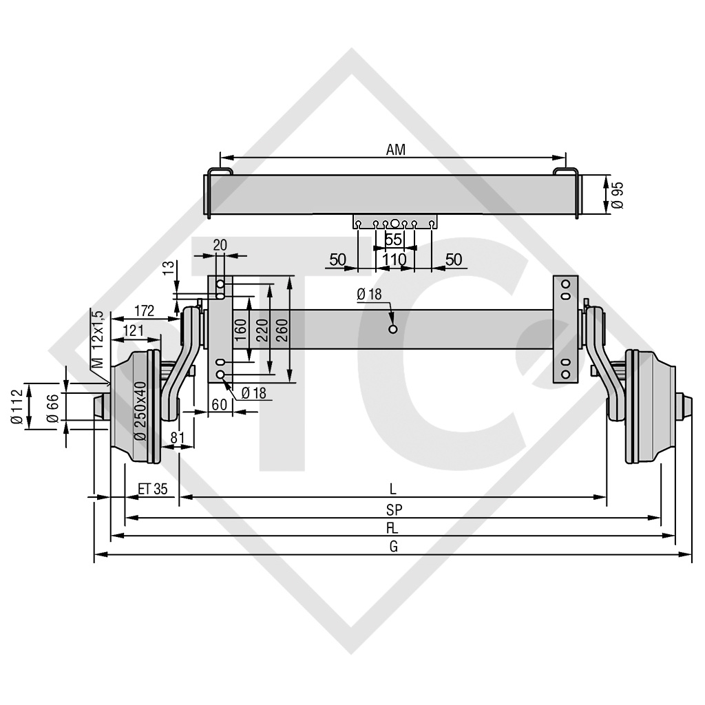 Eje delantero tándem con freno SWING 1800kg tipo de eje CB 1805, 46.32.368.420