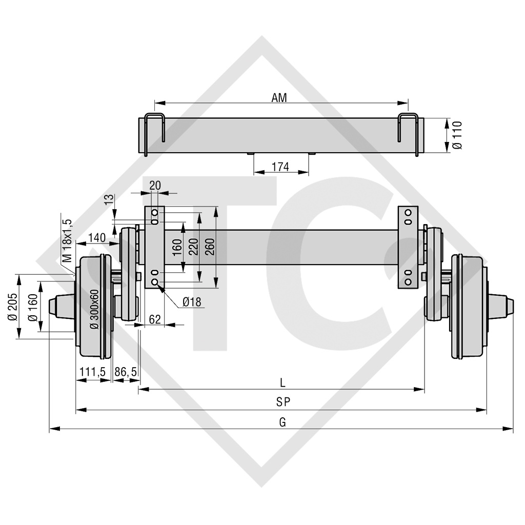 Essieu SWING 2100kg freiné type d'essieu CS 2106, 46.37.373.100