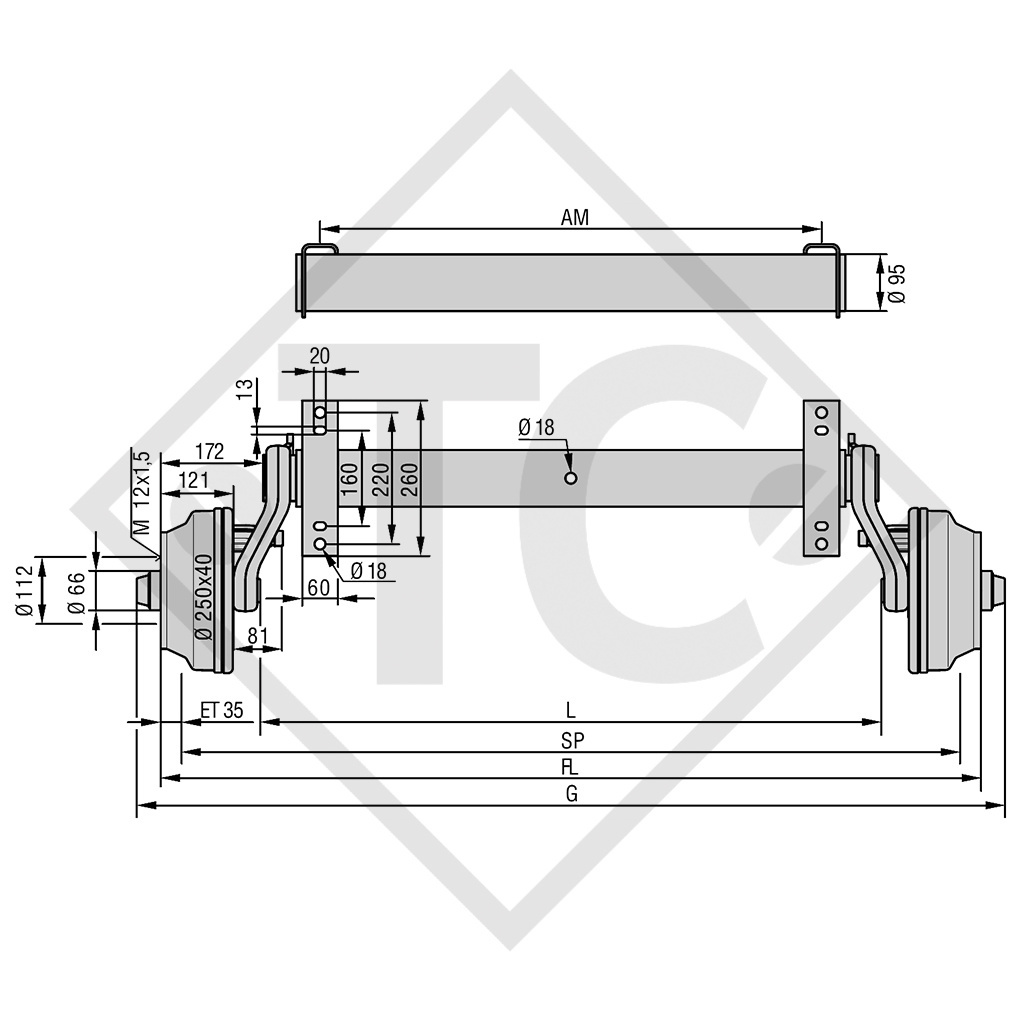 Essieu SWING 1800kg freiné type d'essieu CB 1805, 46.32.368.401