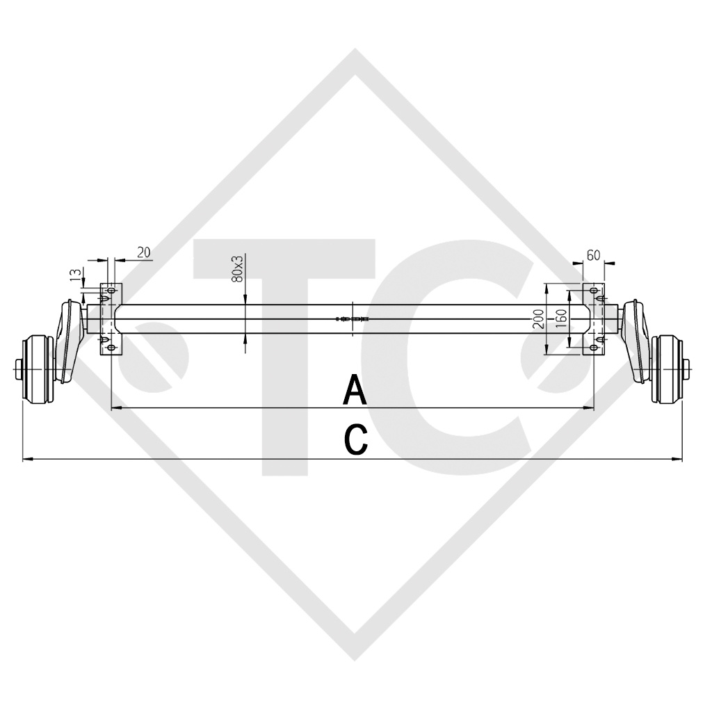 Essieu Euro-Compact 1000kg freiné type d'essieu B 850-10