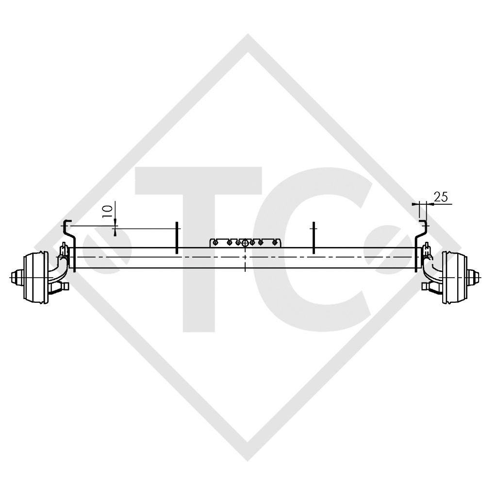 Braked axle 750kg BASIC axle type B 700-5 with tandem adapter bracket from top, Anssem GTV 1500