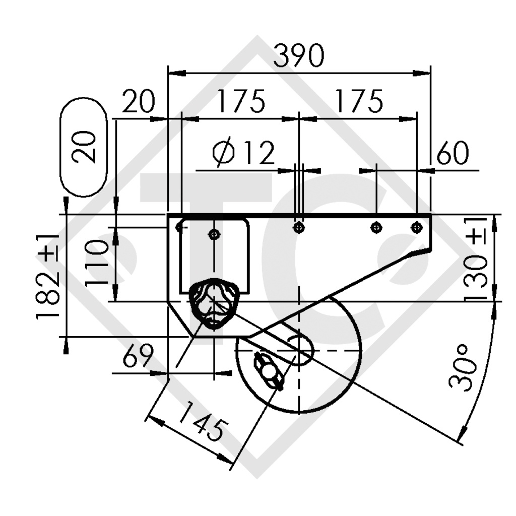 Braked axle 750kg BASIC axle type B 700-5 with tandem adapter bracket from top, Anssem GTV 1500