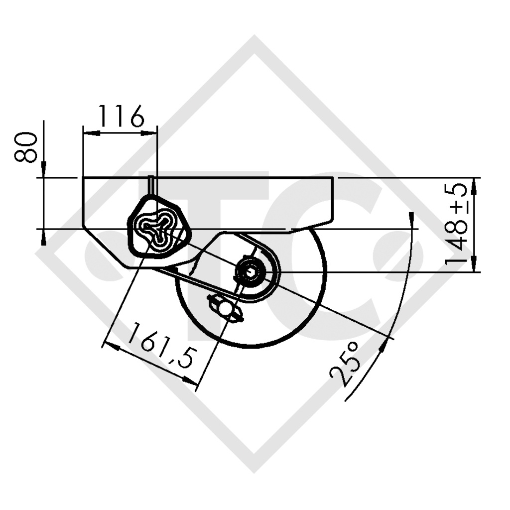 Braked axle 1500kg EURO COMPACT axle type B 1600-3 with tandem adapter bracket from top, Anssems MSX 3000