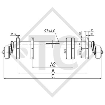 Braked axle 1500kg EURO COMPACT axle type B 1600-3 with tandem adapter bracket from top, Anssems MSX 3000