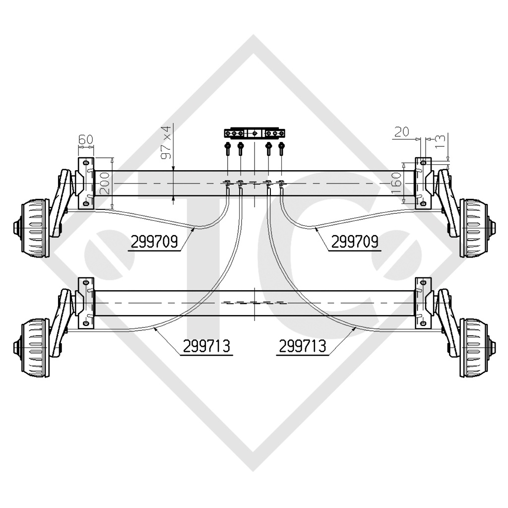 Braked tandem axle unit 1300kg EURO1 axle type 2xB 1200-5, MECANOREM