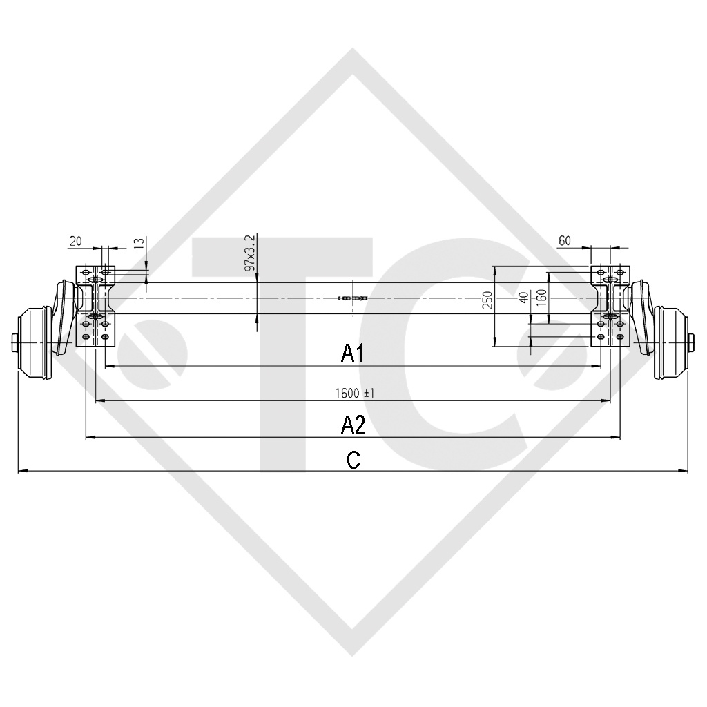 Essieu COMPACT 1300kg freiné type d'essieu B 1200-5