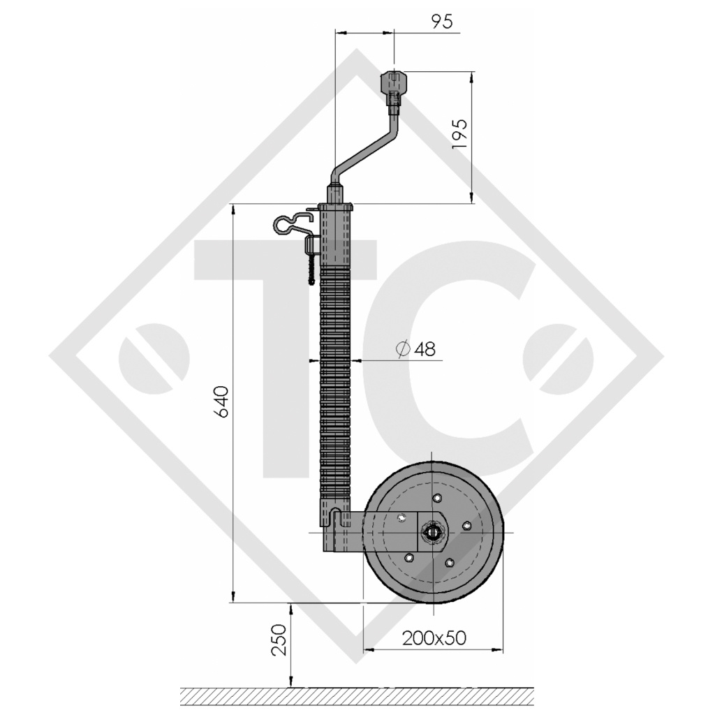 Roue jockey ø48mm rond avec sécurité anti-glissement, 1223614, pour caravanes, remorques-auto, machines pour l'industrie du bâtiment